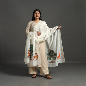 White Original Gond Handpainted Handloom Chanderi Silk Dupatta