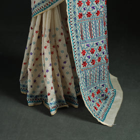 White - Bengal Kantha Hand Embroidery Silk Cotton Chapa Work Saree 102