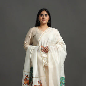 White Original Gond Handpainted Handloom Chanderi Silk Dupatta