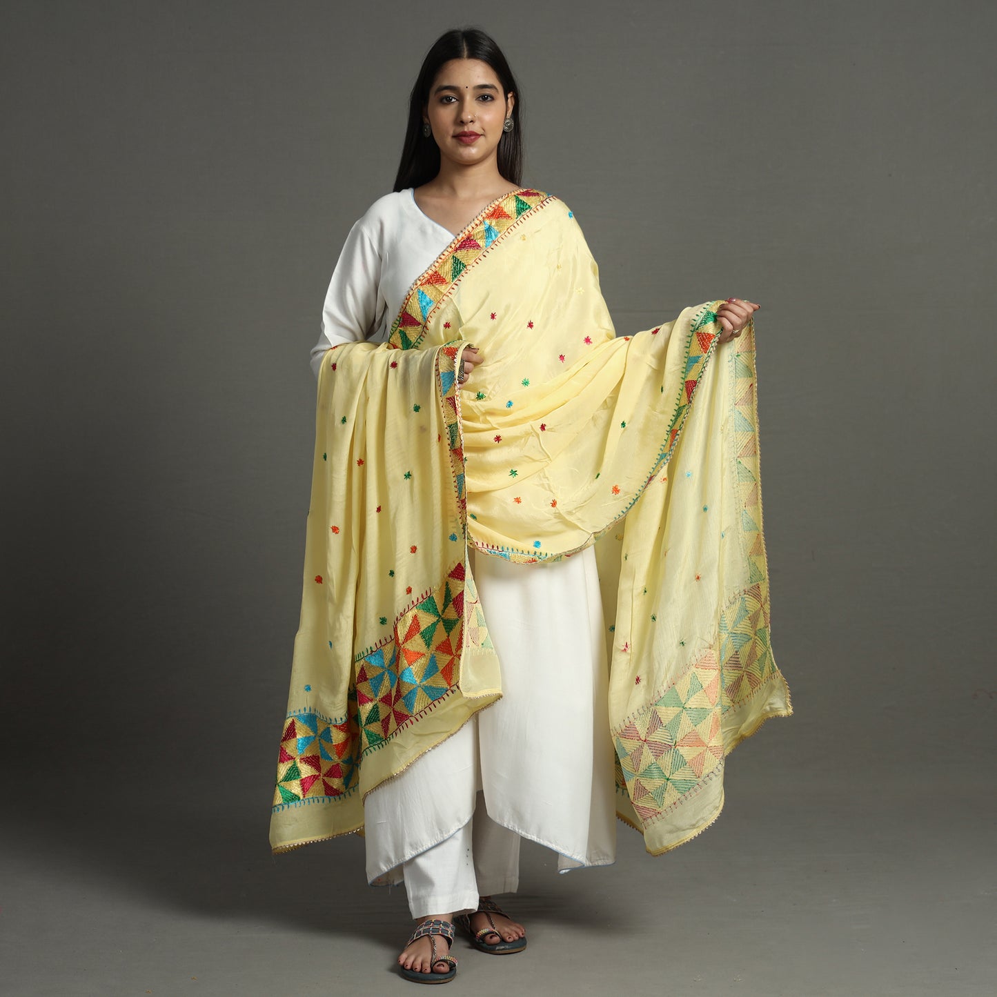 Yellow - Traditional Phulkari Hand Embroidery Semi Silk Chinon Dupatta 61