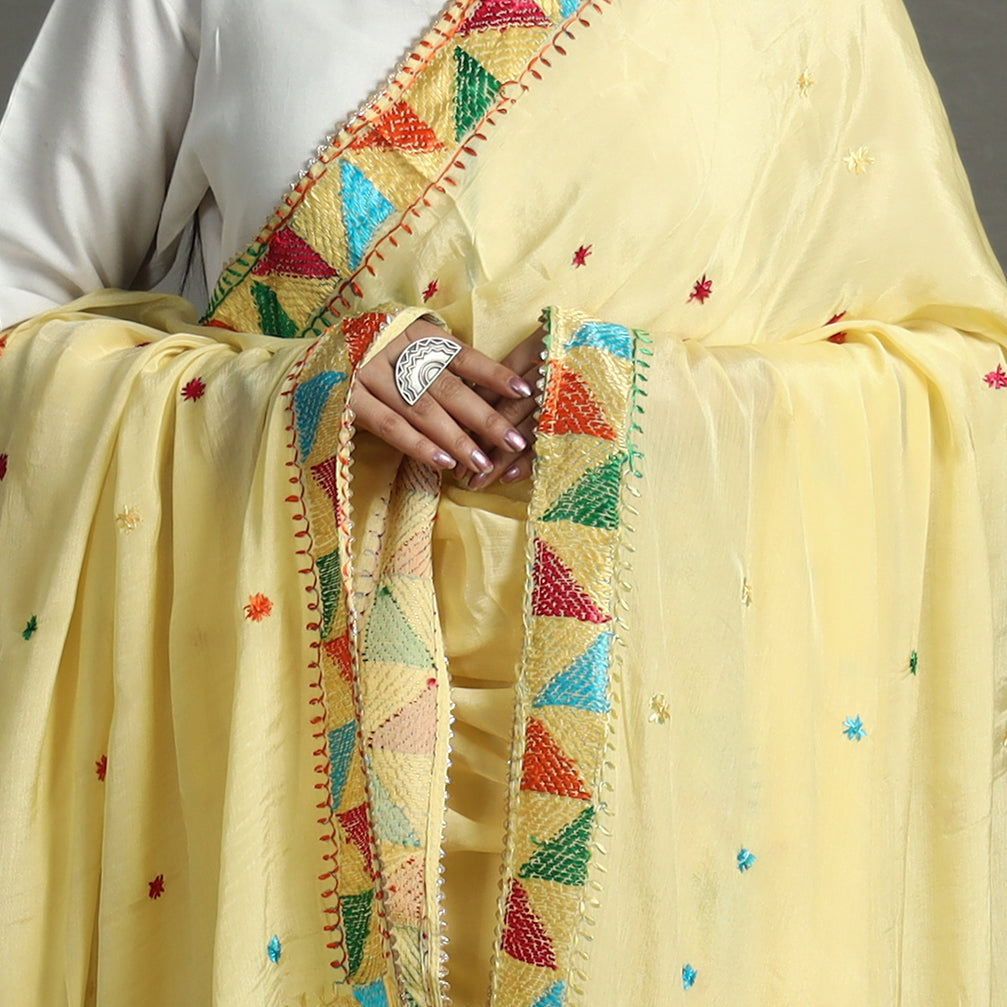 Yellow - Traditional Phulkari Hand Embroidery Semi Silk Chinon Dupatta 61