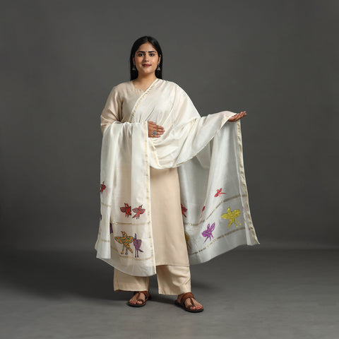 White - Original Gond Handpainted Handloom Chanderi Silk Dupatta 04