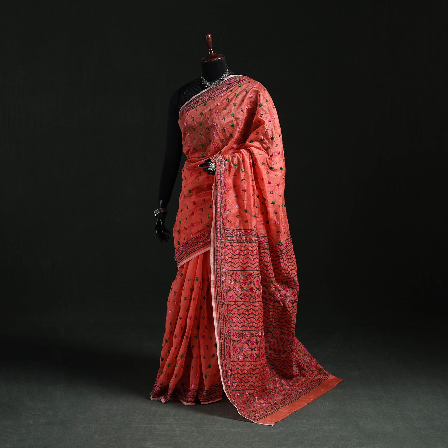 Red - Bengal Kantha Hand Embroidery Silk Cotton Chapa Work Saree 103