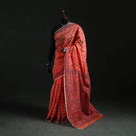 Red - Bengal Kantha Hand Embroidery Silk Cotton Chapa Work Saree 103