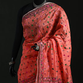 Red - Bengal Kantha Hand Embroidery Silk Cotton Chapa Work Saree 103