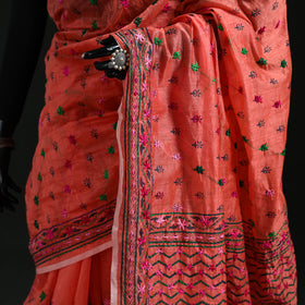 Red - Bengal Kantha Hand Embroidery Silk Cotton Chapa Work Saree 103