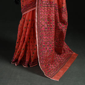 Red - Bengal Kantha Hand Embroidery Silk Cotton Chapa Work Saree 103