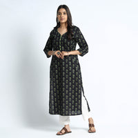 Black - Sanganeri Hand Block Printed Cotton Long Kurta