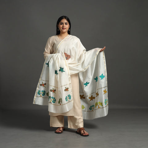 White - Original Gond Handpainted Handloom Chanderi Silk Dupatta 06