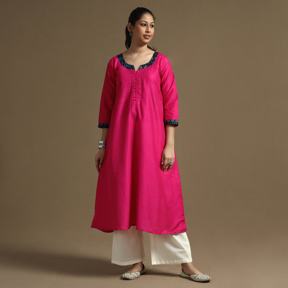 Bright Pink - Plain Solid Slub Silk A-Line Long Kurta