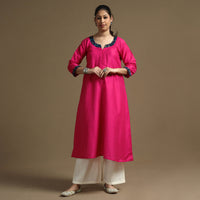 Bright Pink - Plain Solid Slub Silk A-Line Long Kurta