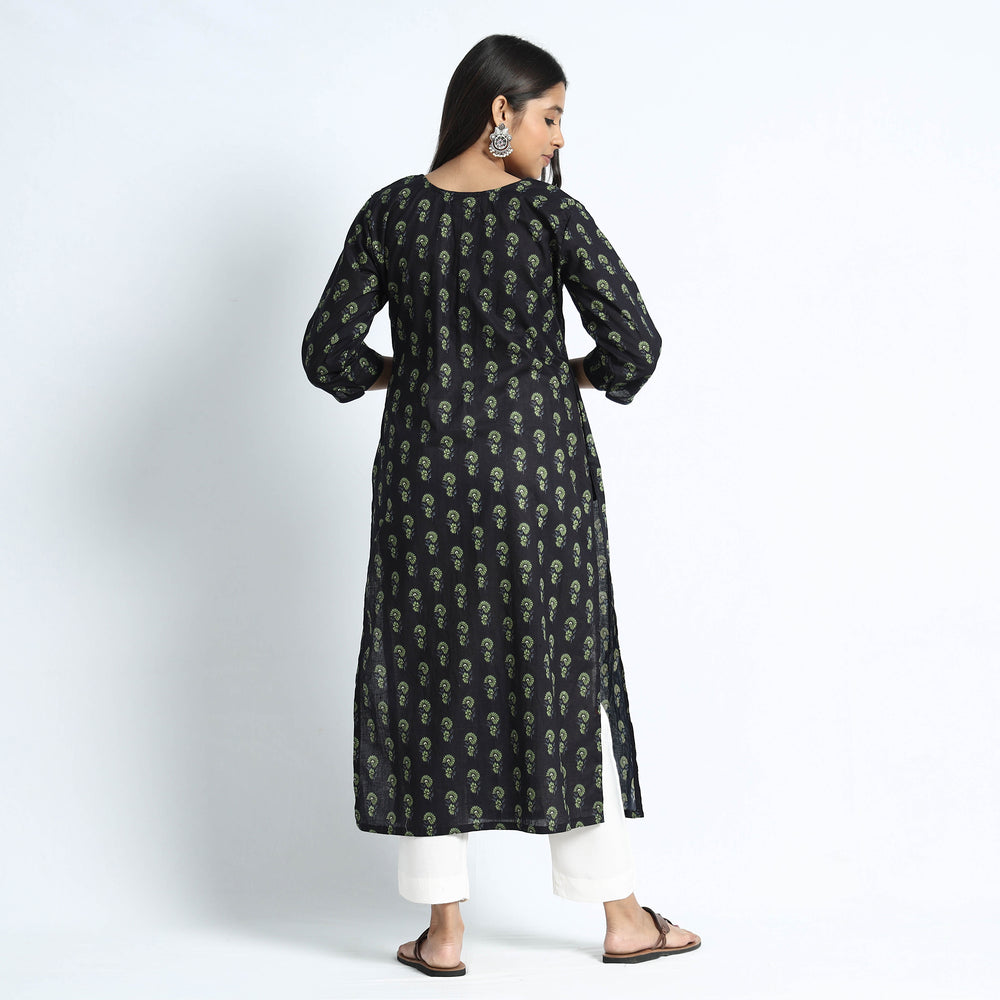 Black - Sanganeri Hand Block Printed Cotton Long Kurta