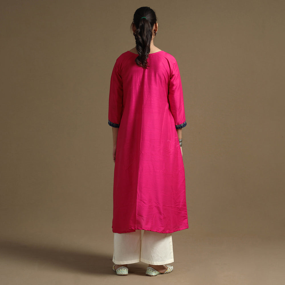 Bright Pink - Plain Solid Slub Silk A-Line Long Kurta