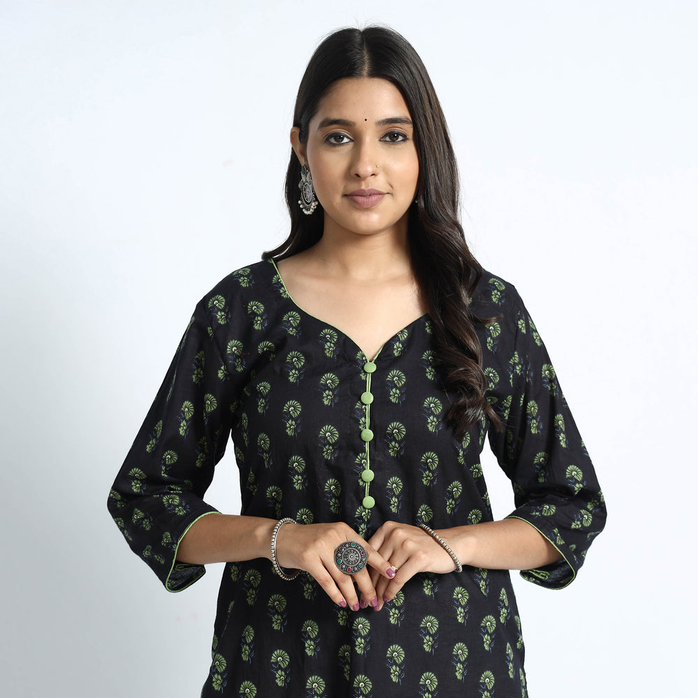 Black - Sanganeri Hand Block Printed Cotton Long Kurta