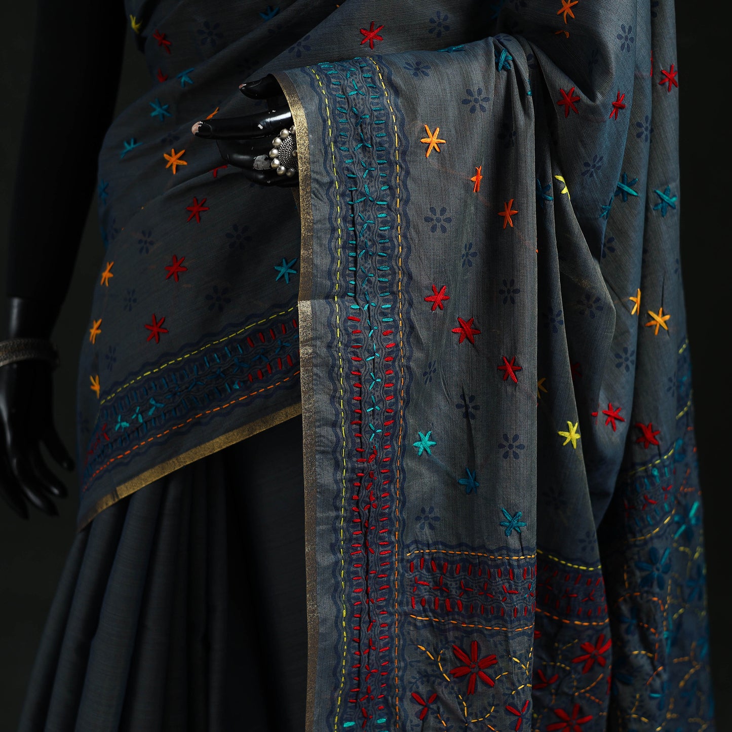 Bengal Kantha Hand Embroidery Silk Cotton Chapa Work Saree 104