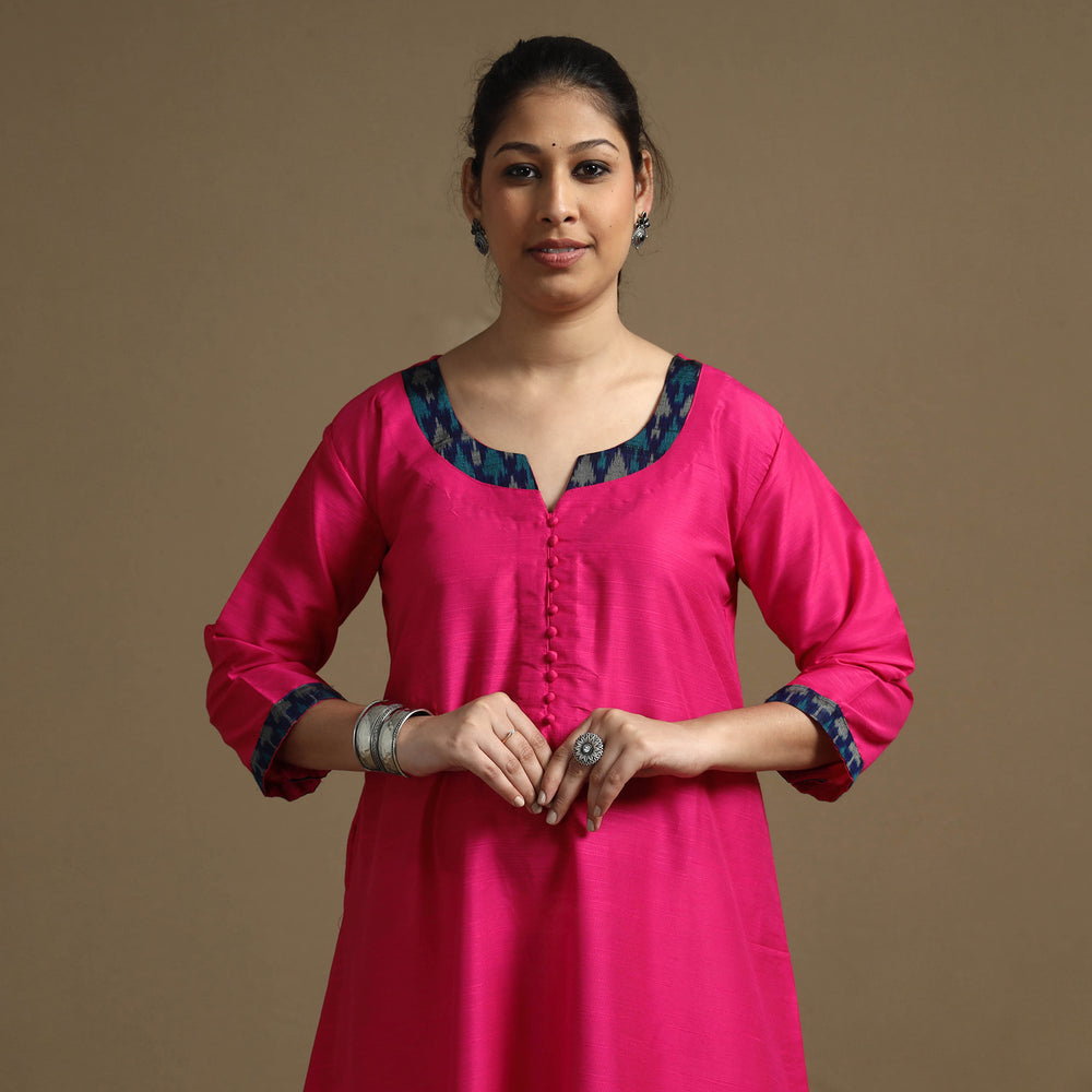 Bright Pink - Plain Solid Slub Silk A-Line Long Kurta