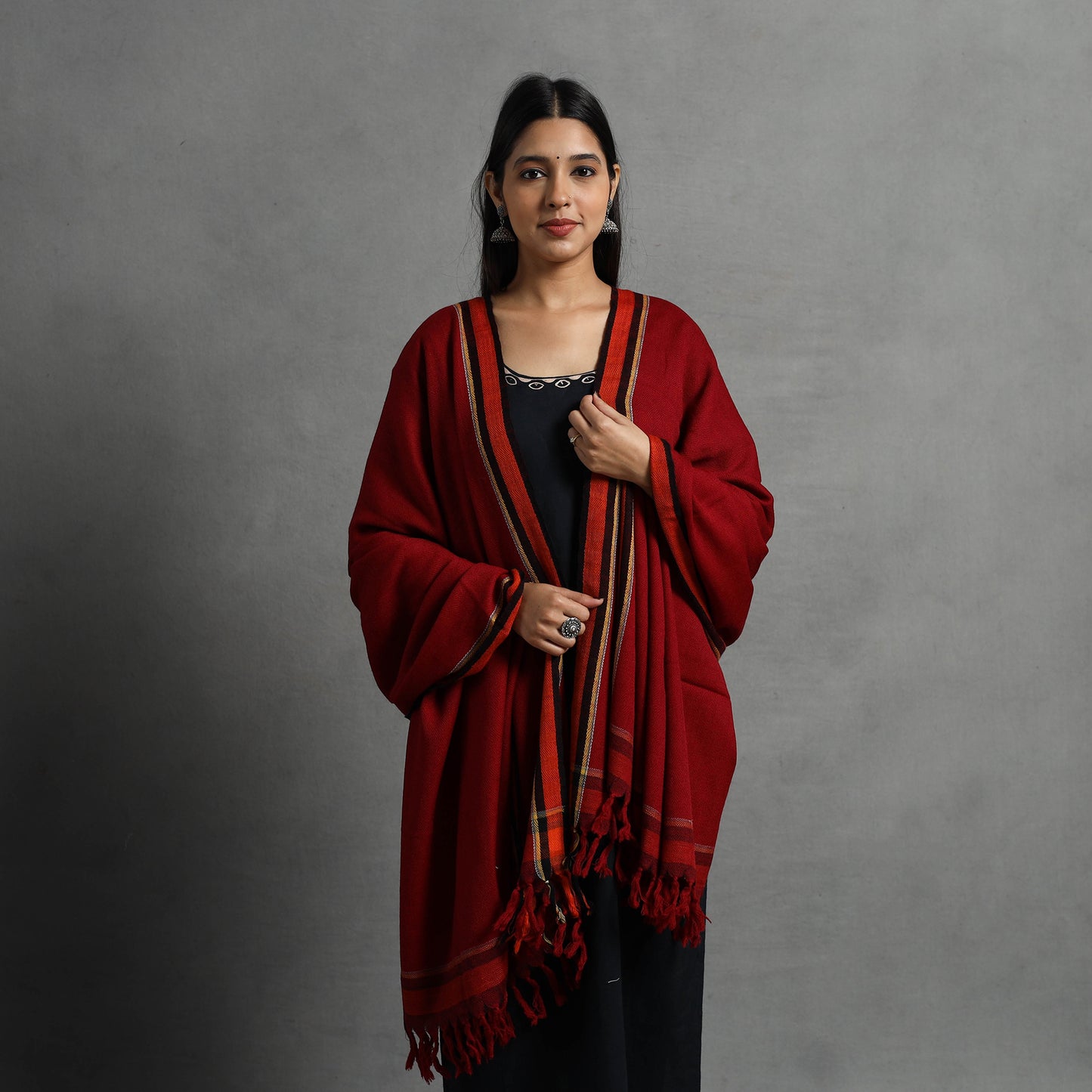 Red - Kumaun Handwoven Pure Merino Wool Shawl for Women 80