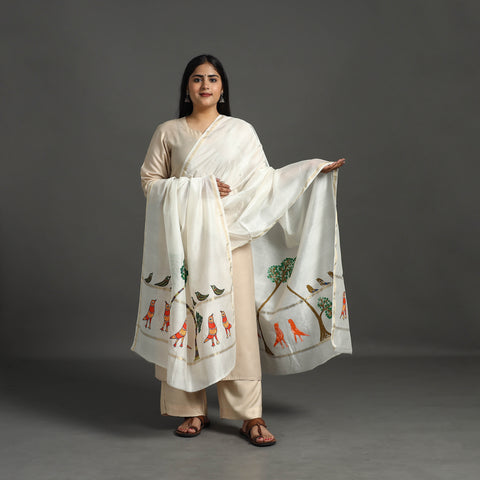 White - Original Gond Handpainted Handloom Chanderi Silk Dupatta 08