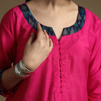 Bright Pink - Plain Solid Slub Silk A-Line Long Kurta