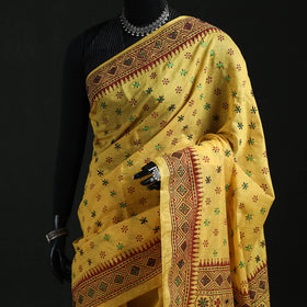 Yellow - Bengal Kantha Hand Embroidery Silk Cotton Chapa Work Saree 105