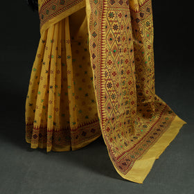 Yellow - Bengal Kantha Hand Embroidery Silk Cotton Chapa Work Saree 105