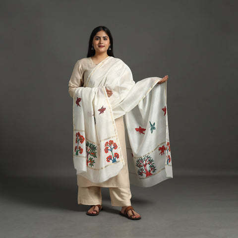 White - Original Gond Handpainted Handloom Chanderi Silk Dupatta 09