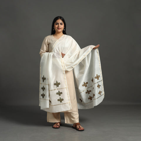 White - Original Gond Handpainted Handloom Chanderi Silk Dupatta 10