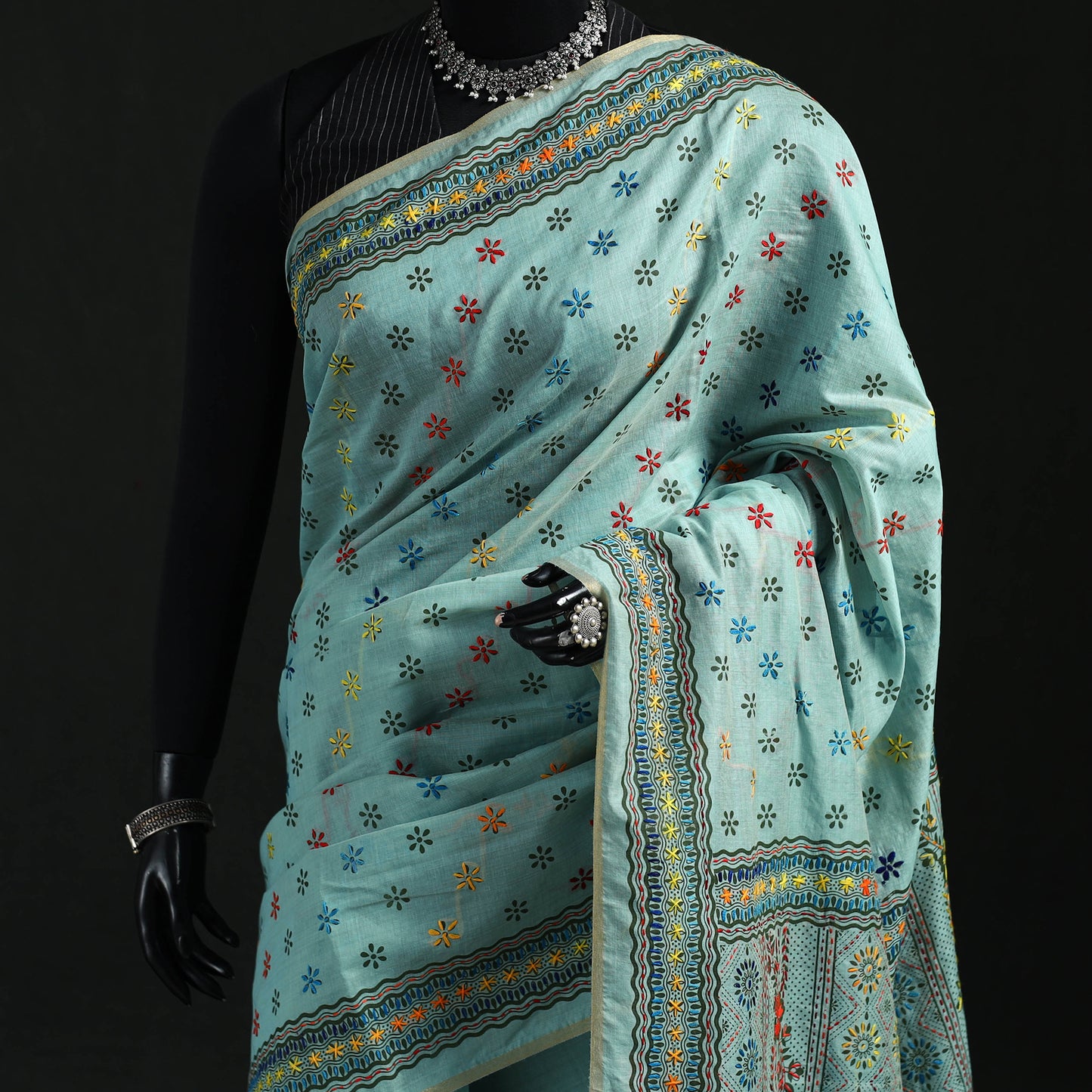 Bengal Kantha Hand Embroidery Silk Cotton Chapa Work Saree 107