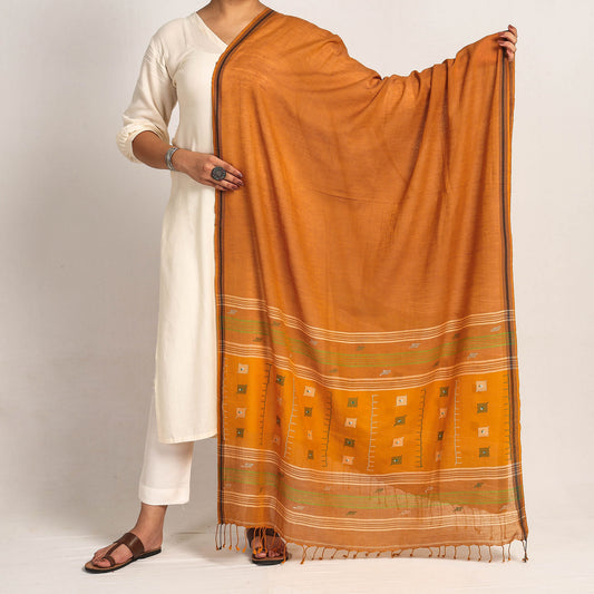 Orange - Bengal Jamdani Buti Handloom Cotton Dupatta with Tassels