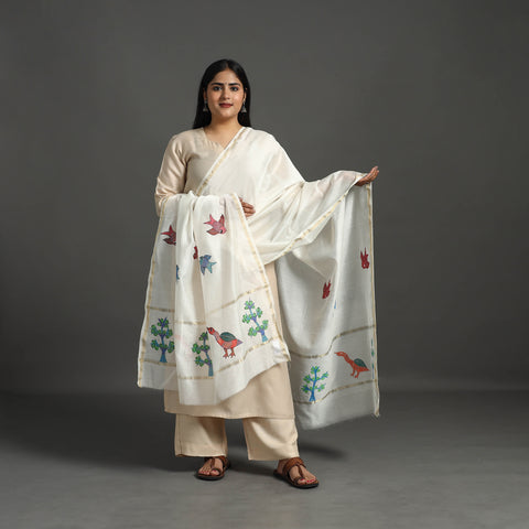 White - Original Gond Handpainted Handloom Chanderi Silk Dupatta 11