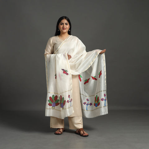 White - Original Gond Handpainted Handloom Chanderi Silk Dupatta 12