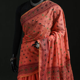 Peach - Bengal Kantha Hand Embroidery Silk Cotton Chapa Work Saree 108