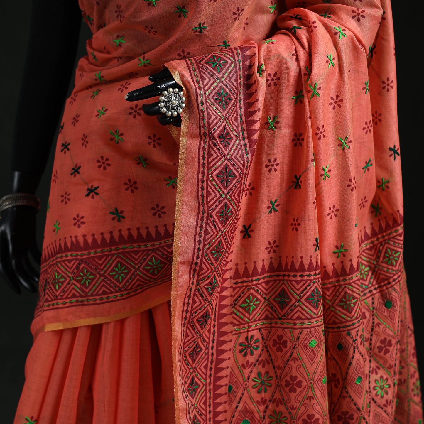 Peach - Bengal Kantha Hand Embroidery Silk Cotton Chapa Work Saree 108