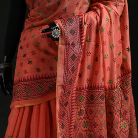 Peach - Bengal Kantha Hand Embroidery Silk Cotton Chapa Work Saree 108
