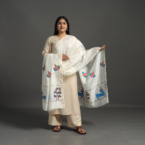 White - Original Gond Handpainted Handloom Chanderi Silk Dupatta 13