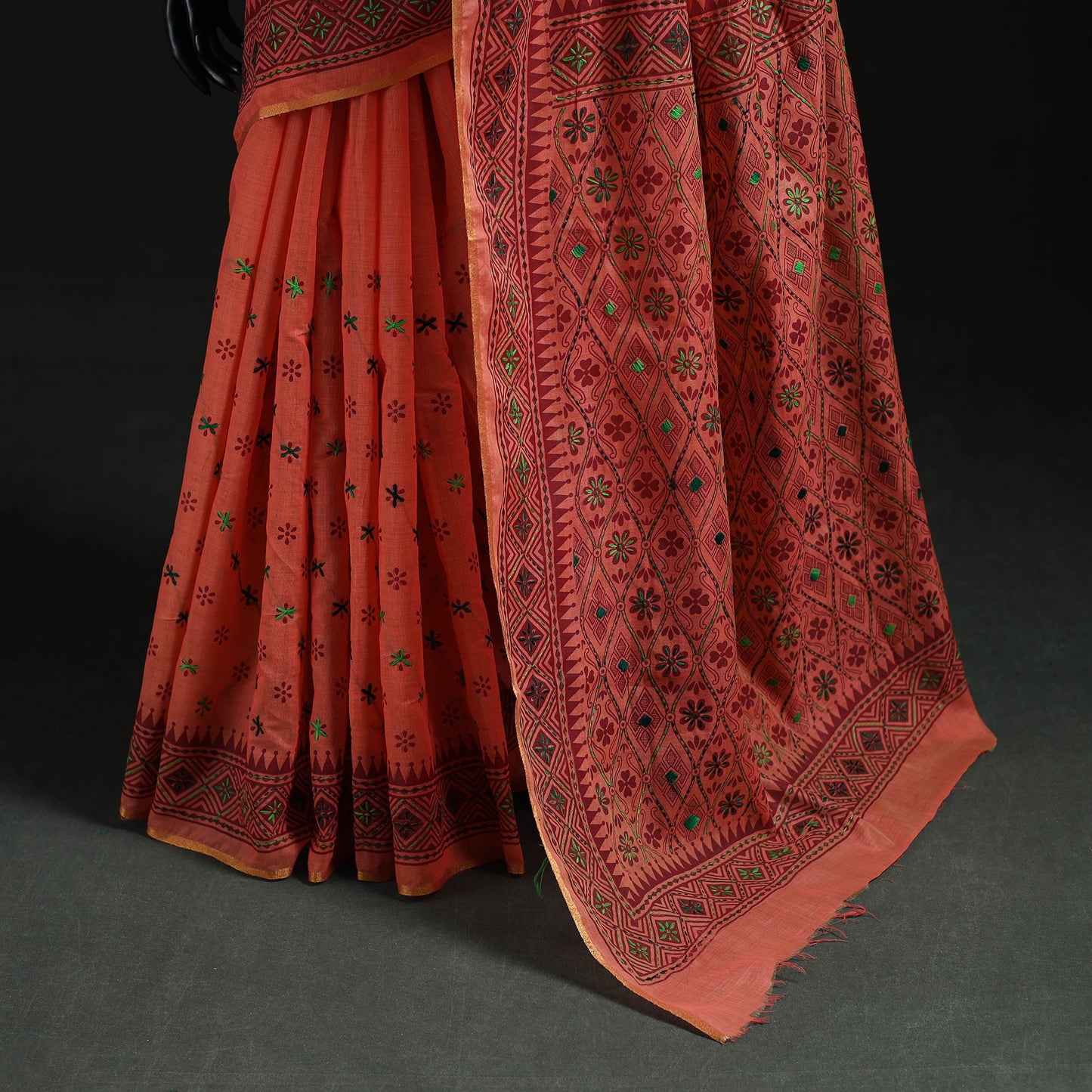 Peach - Bengal Kantha Hand Embroidery Silk Cotton Chapa Work Saree 108