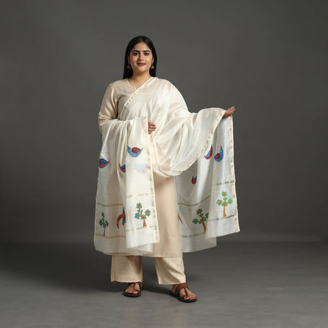 White - Original Gond Handpainted Handloom Chanderi Silk Dupatta 14