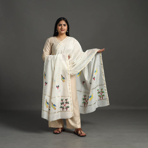 White - Original Gond Handpainted Handloom Chanderi Silk Dupatta 15