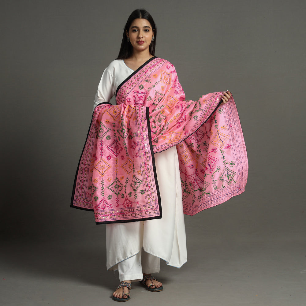 Pink - Ranihati Chanderi Silk Chapa Work Phulkari Embroidery Dupatta 73