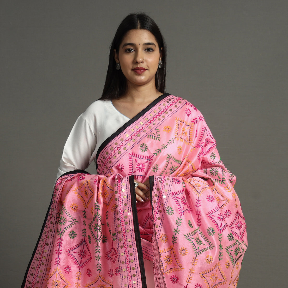Pink - Ranihati Chanderi Silk Chapa Work Phulkari Embroidery Dupatta 73
