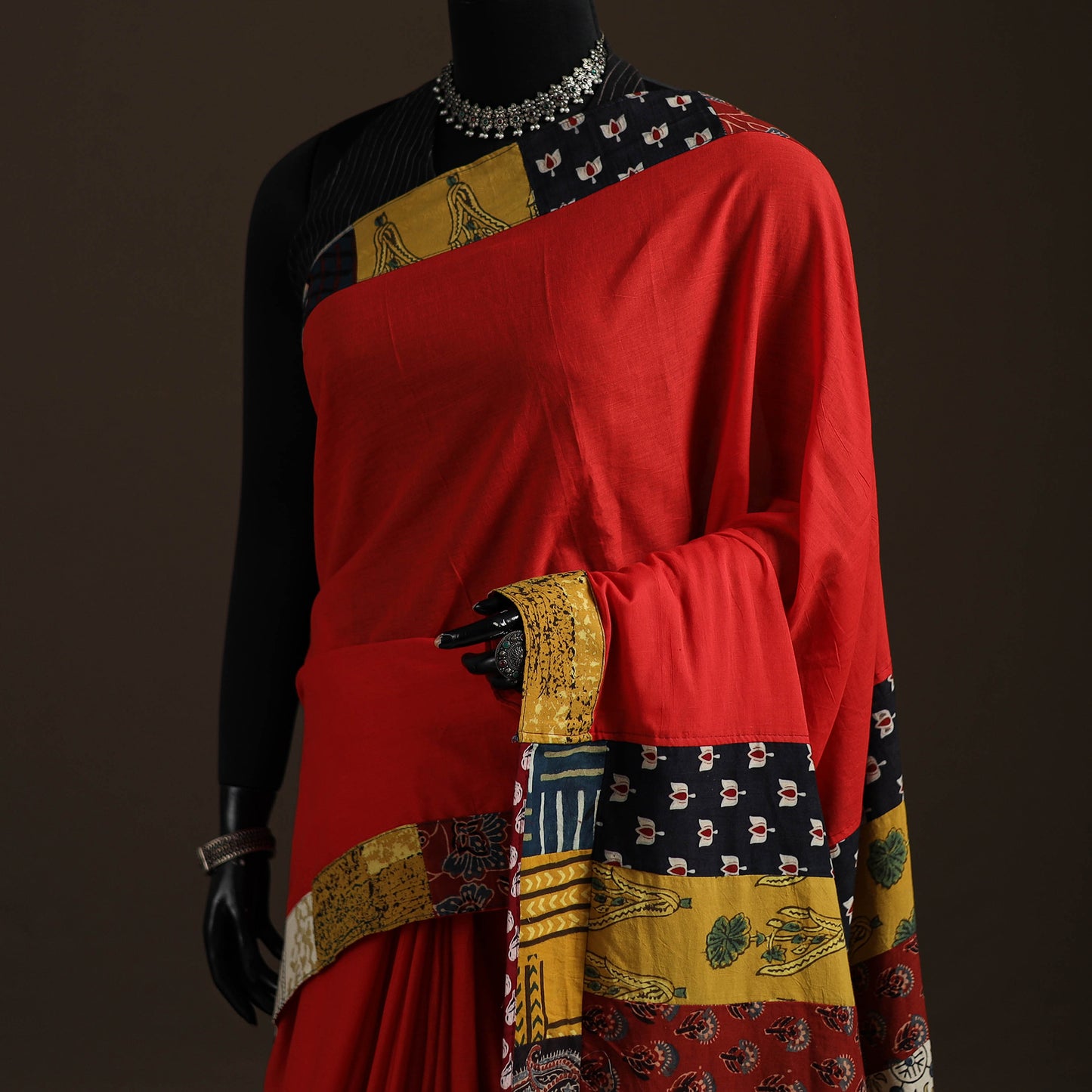 Ajrakh Hand Block Print Patchwork Pure Mul Cotton Saree 01