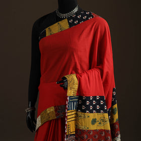 Ajrakh Hand Block Print Patchwork Pure Mul Cotton Saree 01