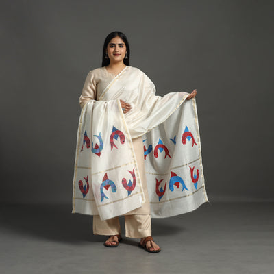 White - Original Gond Handpainted Handloom Chanderi Silk Dupatta 16