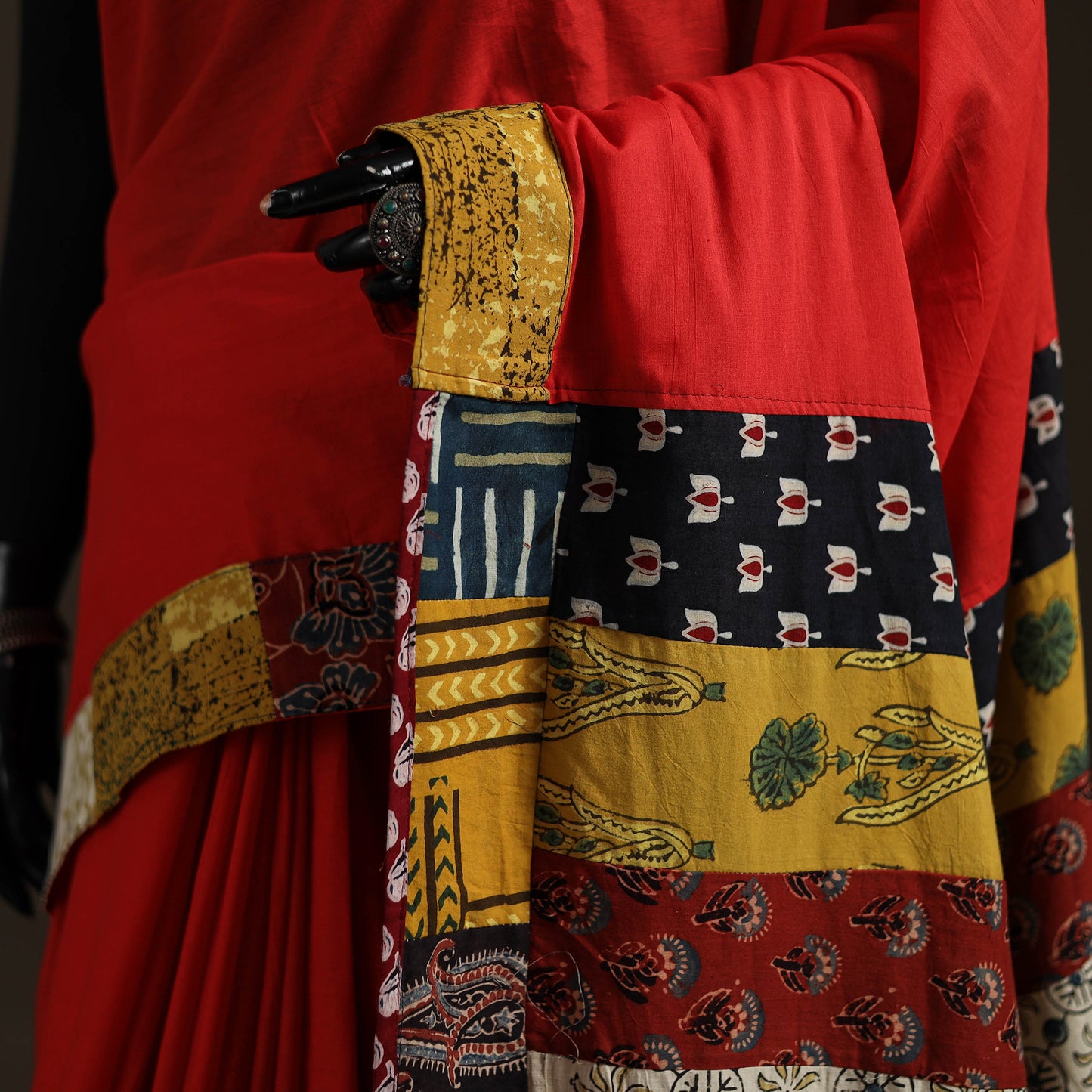 Ajrakh Hand Block Print Patchwork Pure Mul Cotton Saree 01
