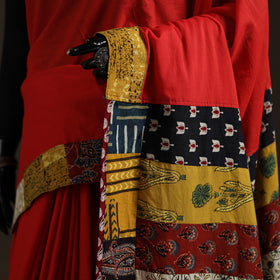 Ajrakh Hand Block Print Patchwork Pure Mul Cotton Saree 01