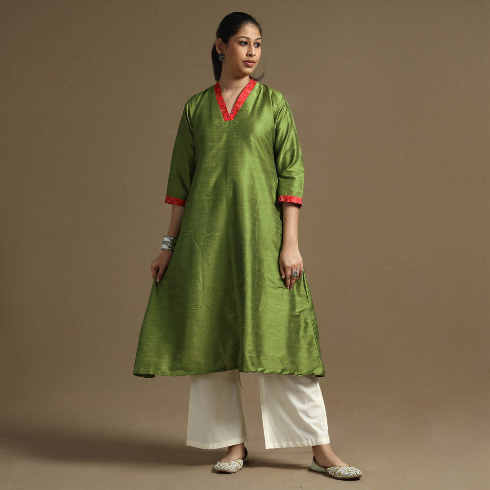 Green - Plain Solid Slub Silk A-Line Long Kurta