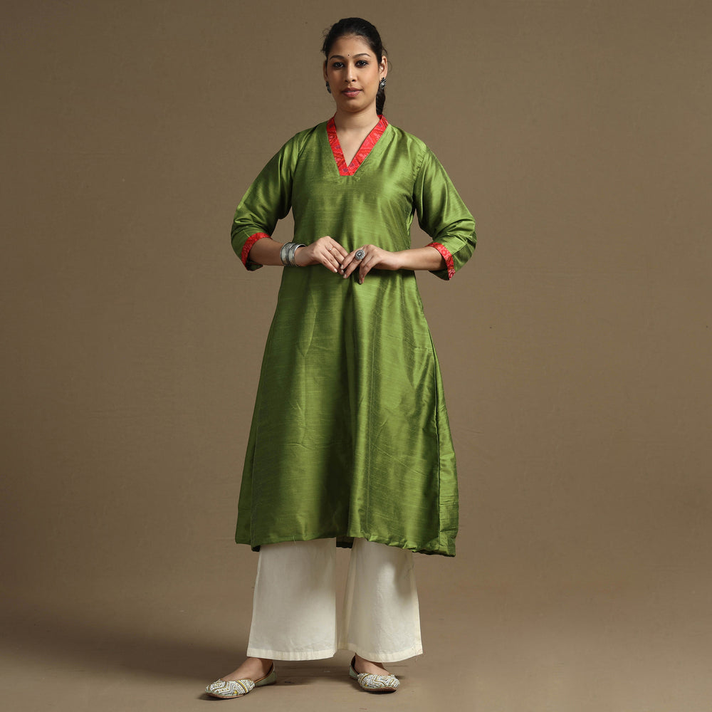 Green - Plain Solid Slub Silk A-Line Long Kurta