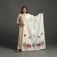 White - Original Gond Handpainted Handloom Chanderi Silk Dupatta 17