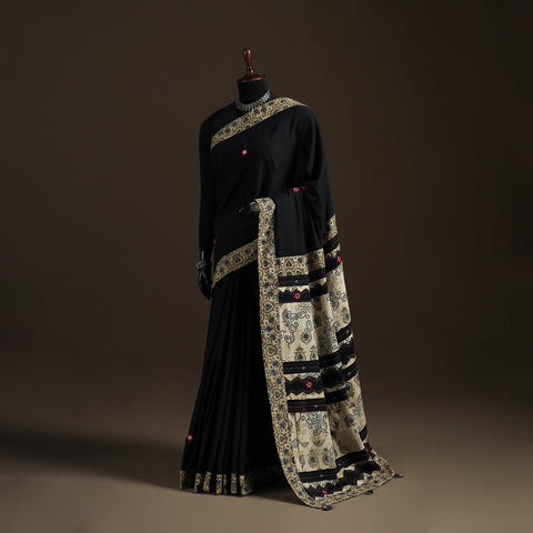 Ajrakh Hand Block Print Tagai & Mirror Patchwork Pure Mul Cotton Saree 02