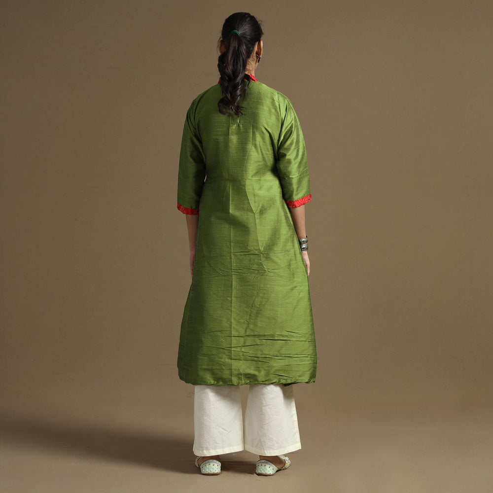 Green - Plain Solid Slub Silk A-Line Long Kurta